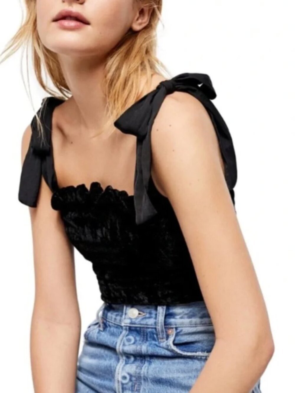 Free People Trapped In Your Love Tie Strap Velvet Tank Top in Black Small $98